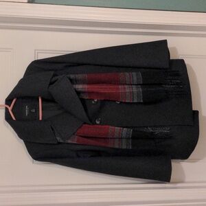 London Fog Dark Gray Pea Coat with Red and Gray Scarf
